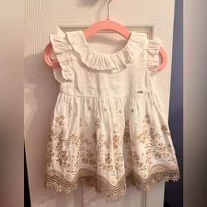 White Dress with Tan Floral Embroidery